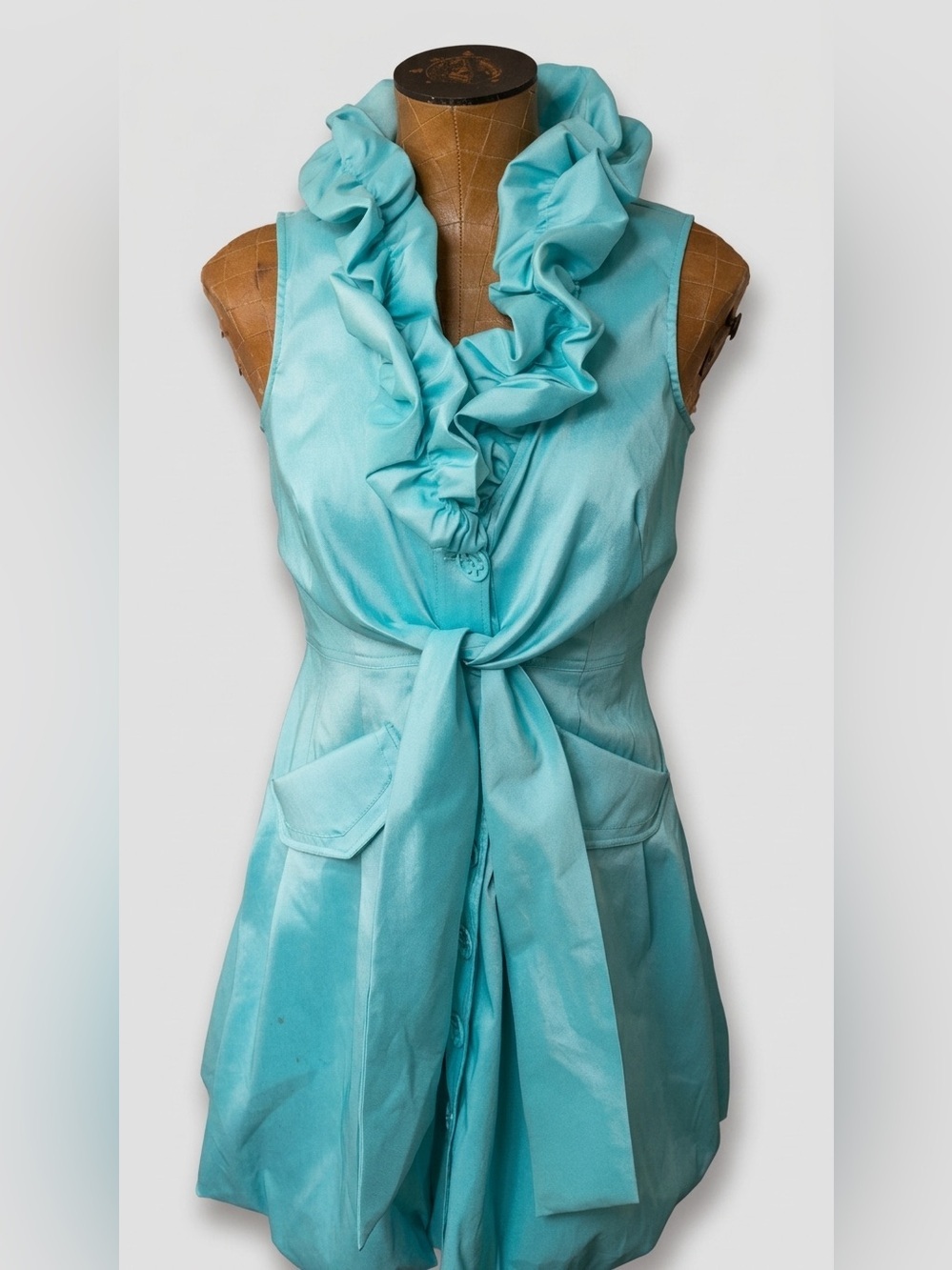 Samuel Dong Turquoise Ruffle Collar Bubble Hem Dress Cocktail